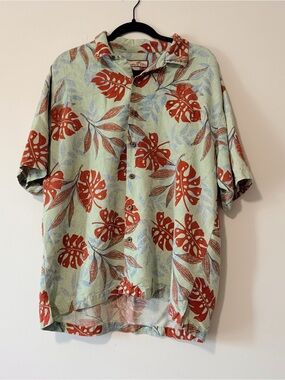 Men’s XL Washable Silk Resortwear Hawaiian Mint Green Botanical Button Down